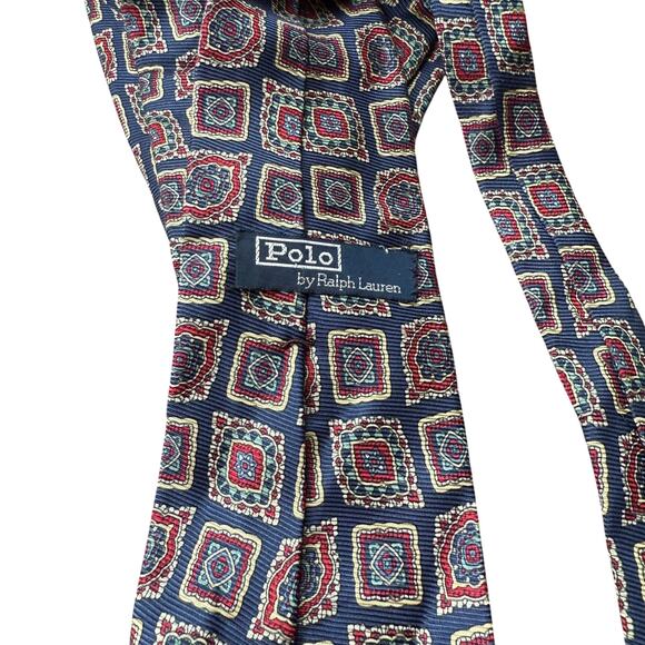 Polo Ralph Lauren Silk Tie Vintage Geometric Navy Maroon Tan USA Hand Made - Picture 3 of 3